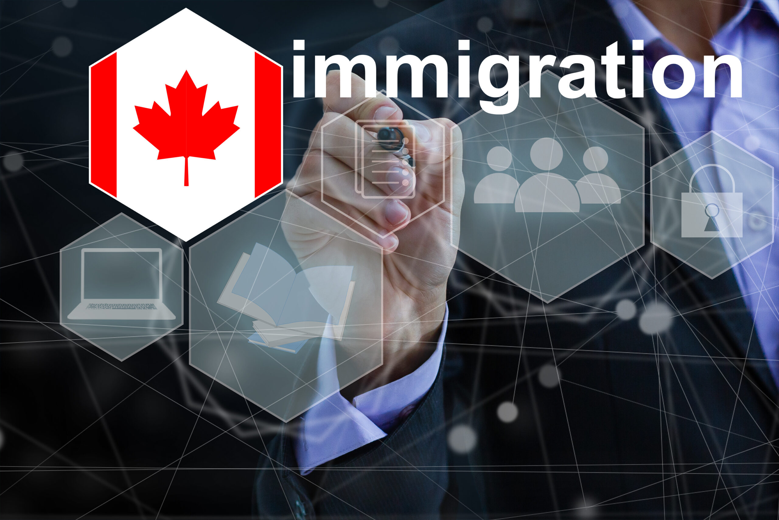Concept of immigration to Canada with virtual button pressing.
